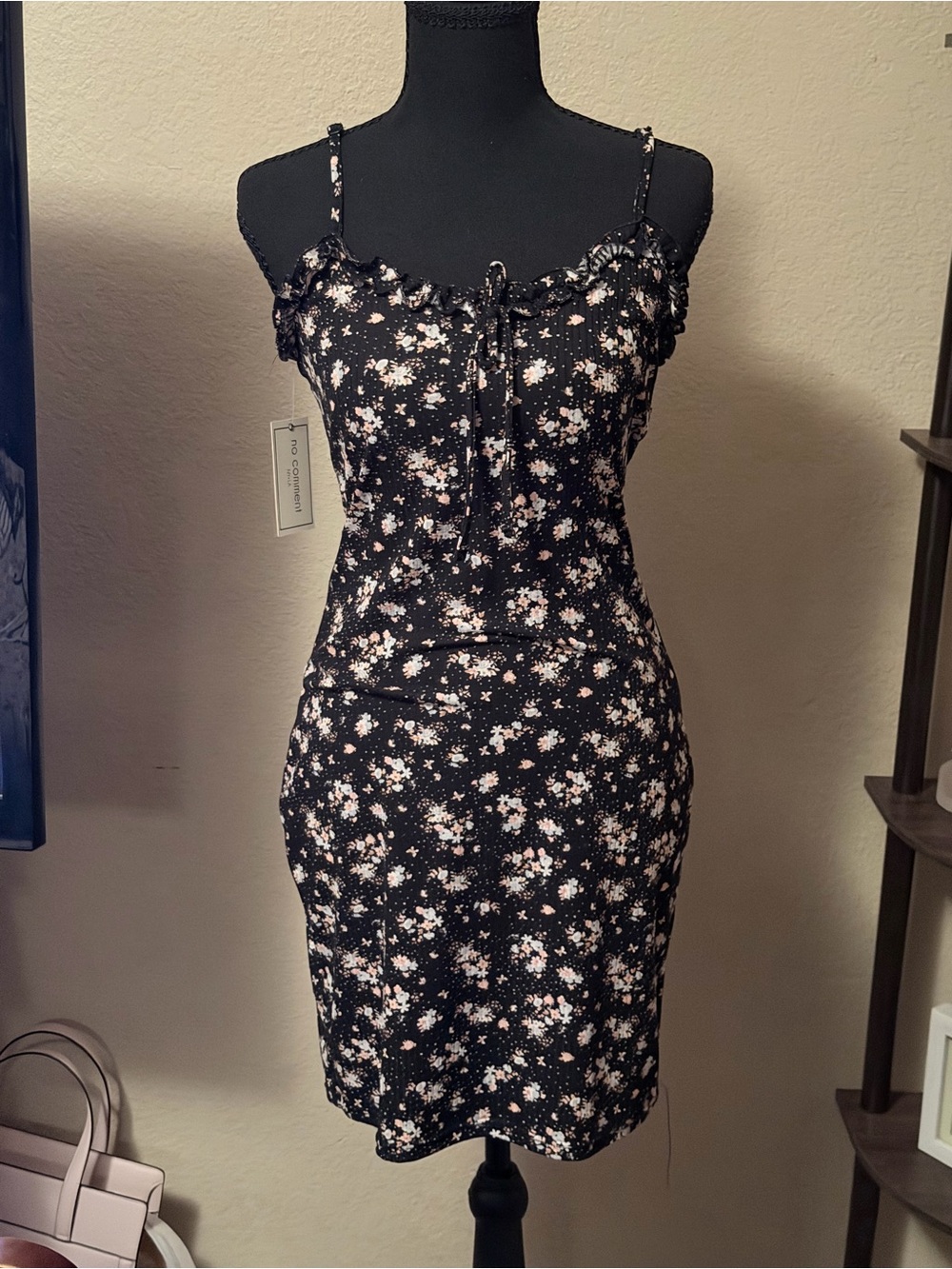 Smocked Floral Cami Mini Dress in Black